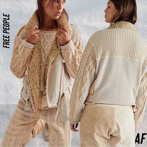 FREE PEOPLE COZY KNIT MIX MOTO JACKET NWT SIZE LARGE CREAM TAN